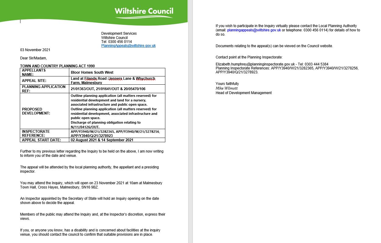 Notification of Appeal Inquiry date and venue - 21/01363/OUT, 21/01641/OUT &amp; 20/05470/106 - Land at Filands Road / Jenners Lane &amp; Whychurch Farm, Malmesbury